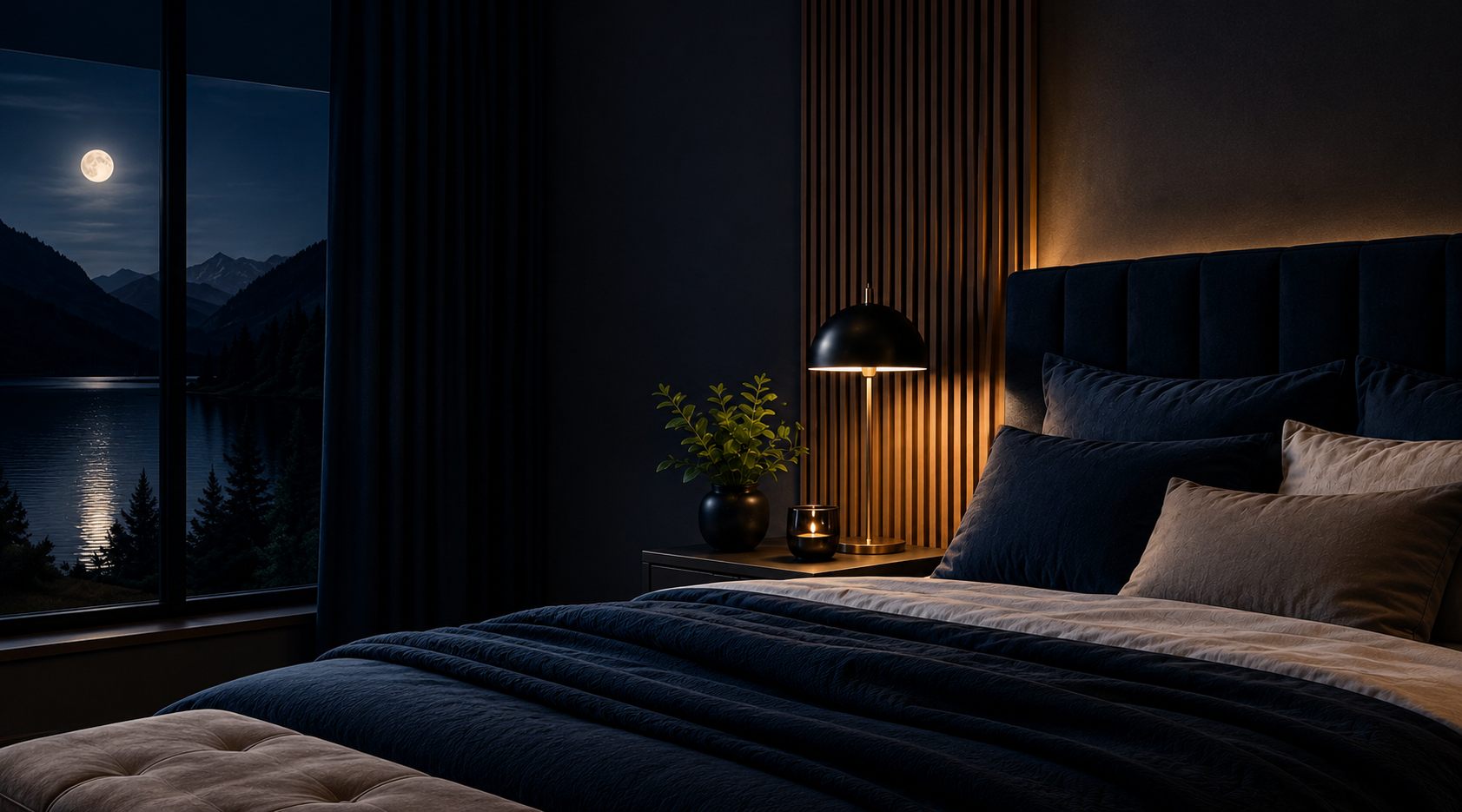Hochwertiges Schlafzimmer bei Nacht als Sinnbild für Regeneration